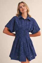 Navy Eyelet Pleated Mini Dress