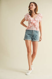 Pink Ruffle Knit Lace Top in a semi-fitted