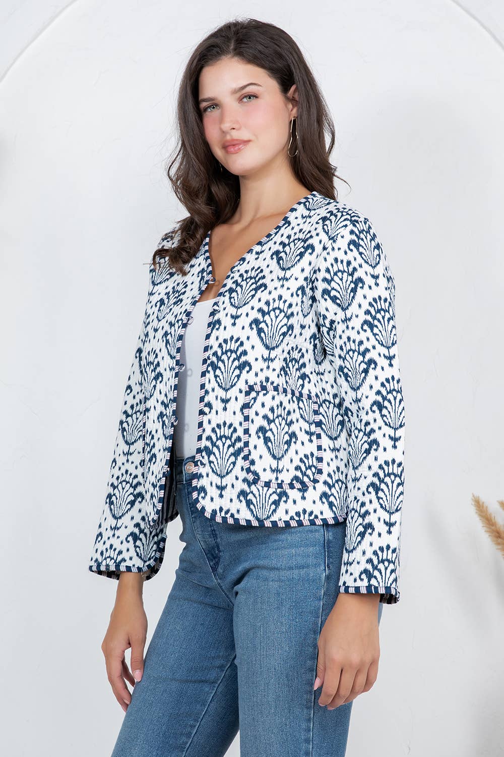 Blue & White Floral Print Quilted Jacket
