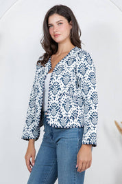 Blue & White Floral Print Quilted Jacket
