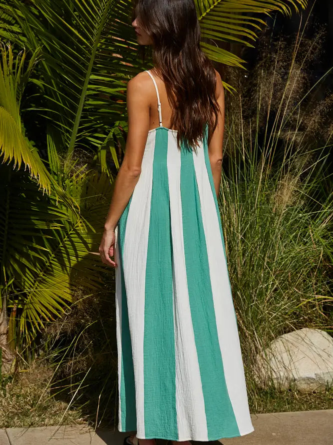 Green & White Striped Cami Pintuck Midi Dress