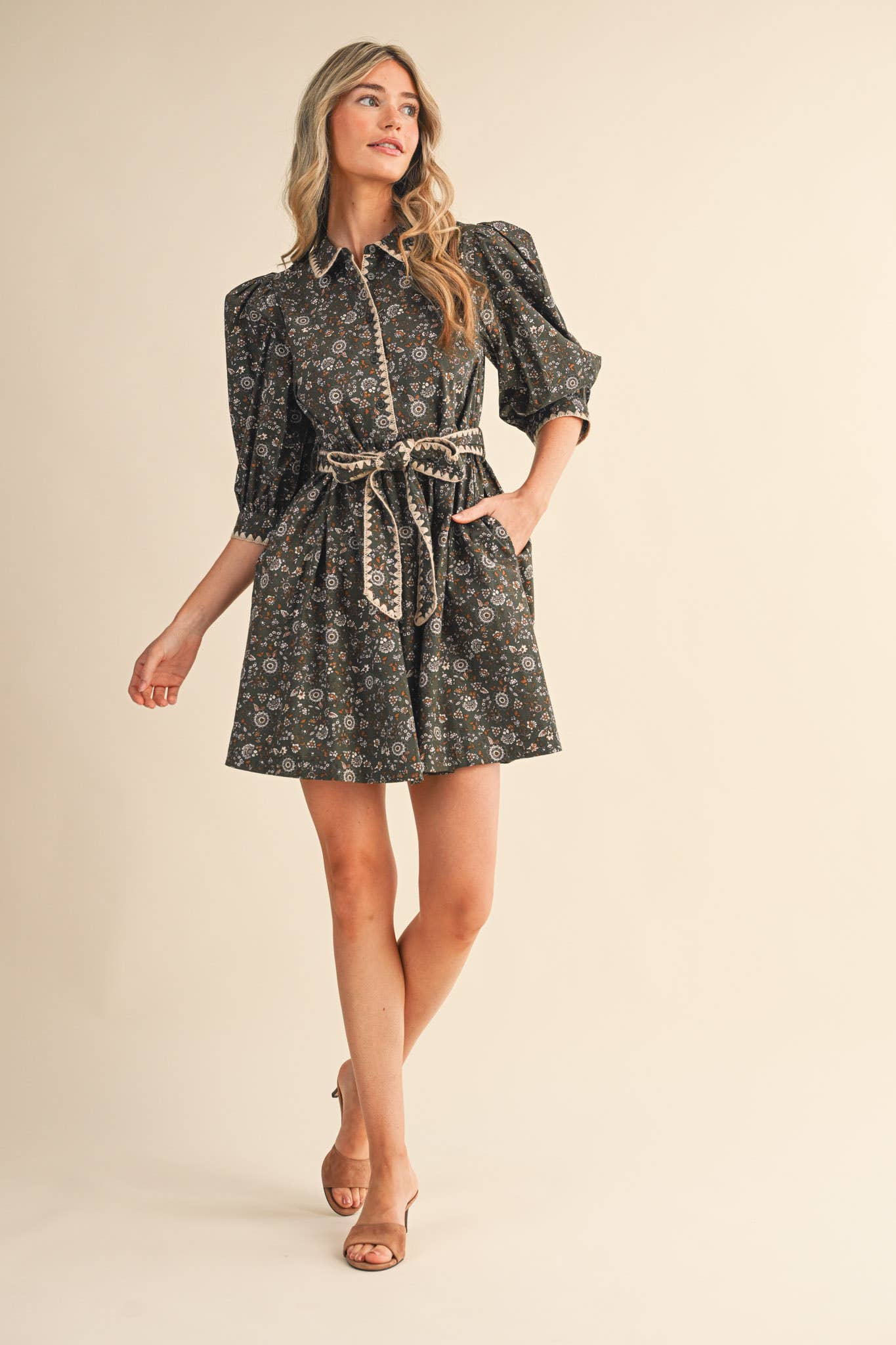 Olive Puff Sleeve Floral Mini Dress