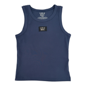 Navy Tank Lulu Mac showing sleeveless