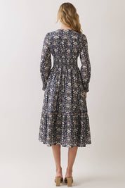 Navy Floral Smocked Waist Midi Dress