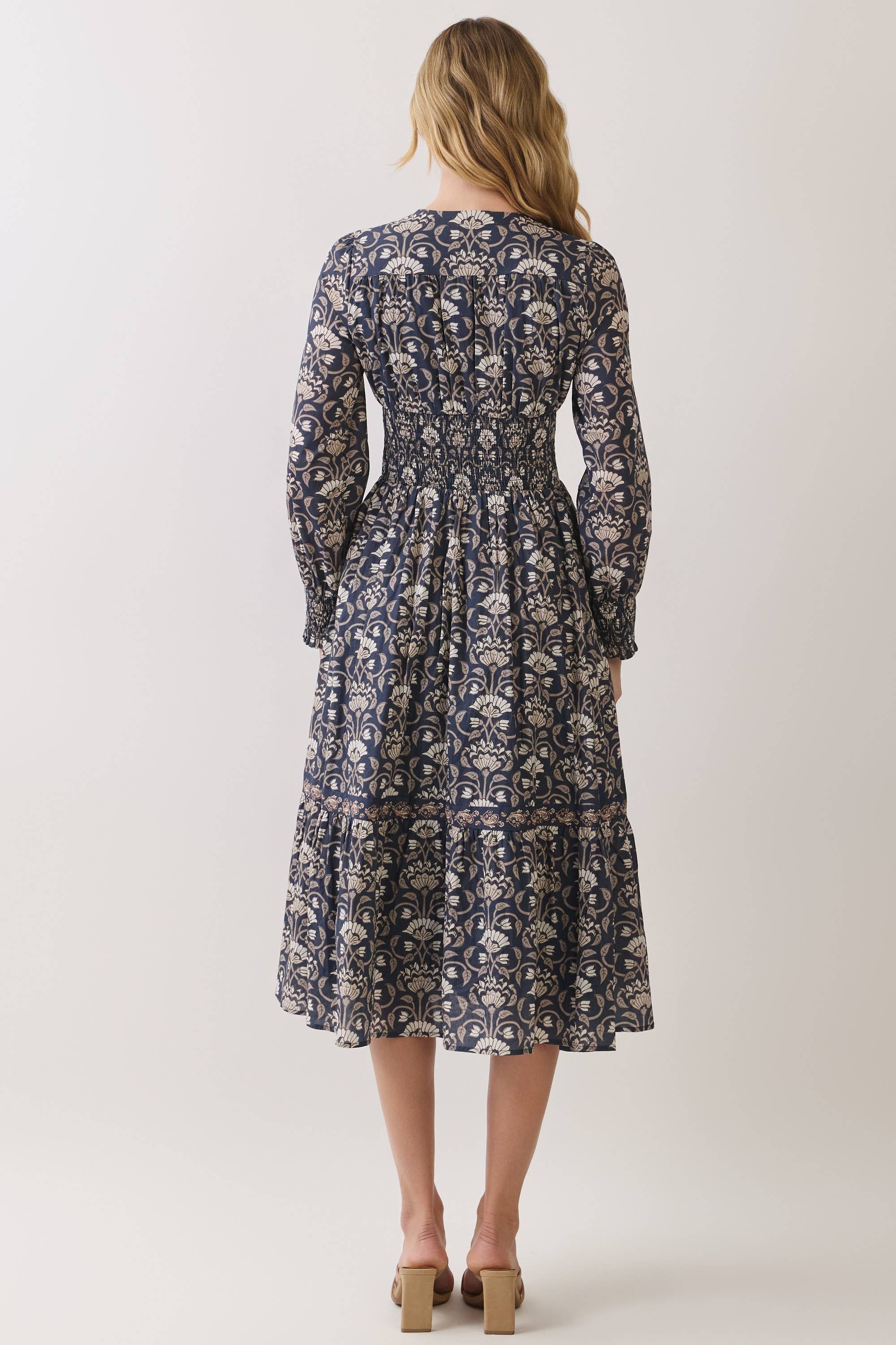 Navy Floral Smocked Waist Midi Dress