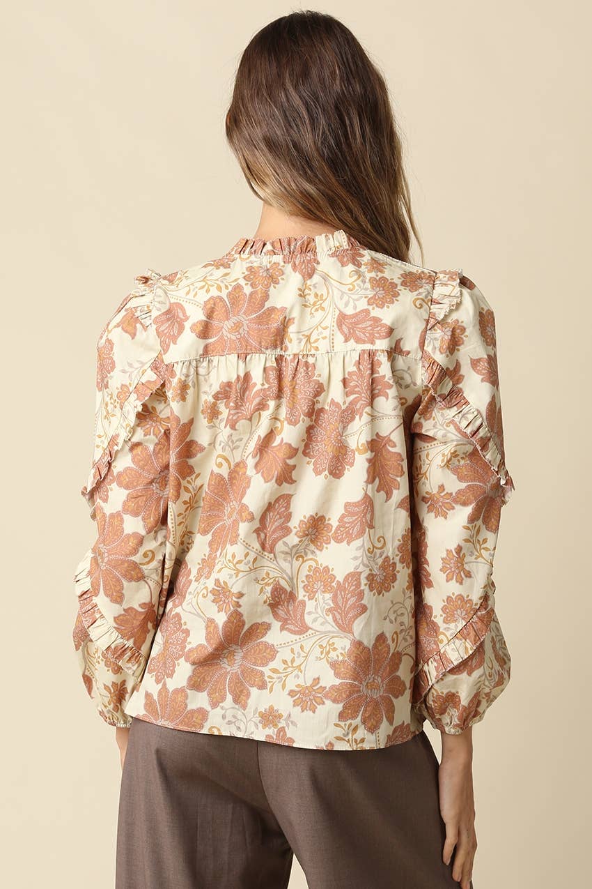 Beige Floral Print Ruffle Blouse showing ruffle shoulder