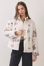 Cream Floral Embroidered Sherpa Jacket — plush sherpa texture and embroidered floral detailing throughout, front and back