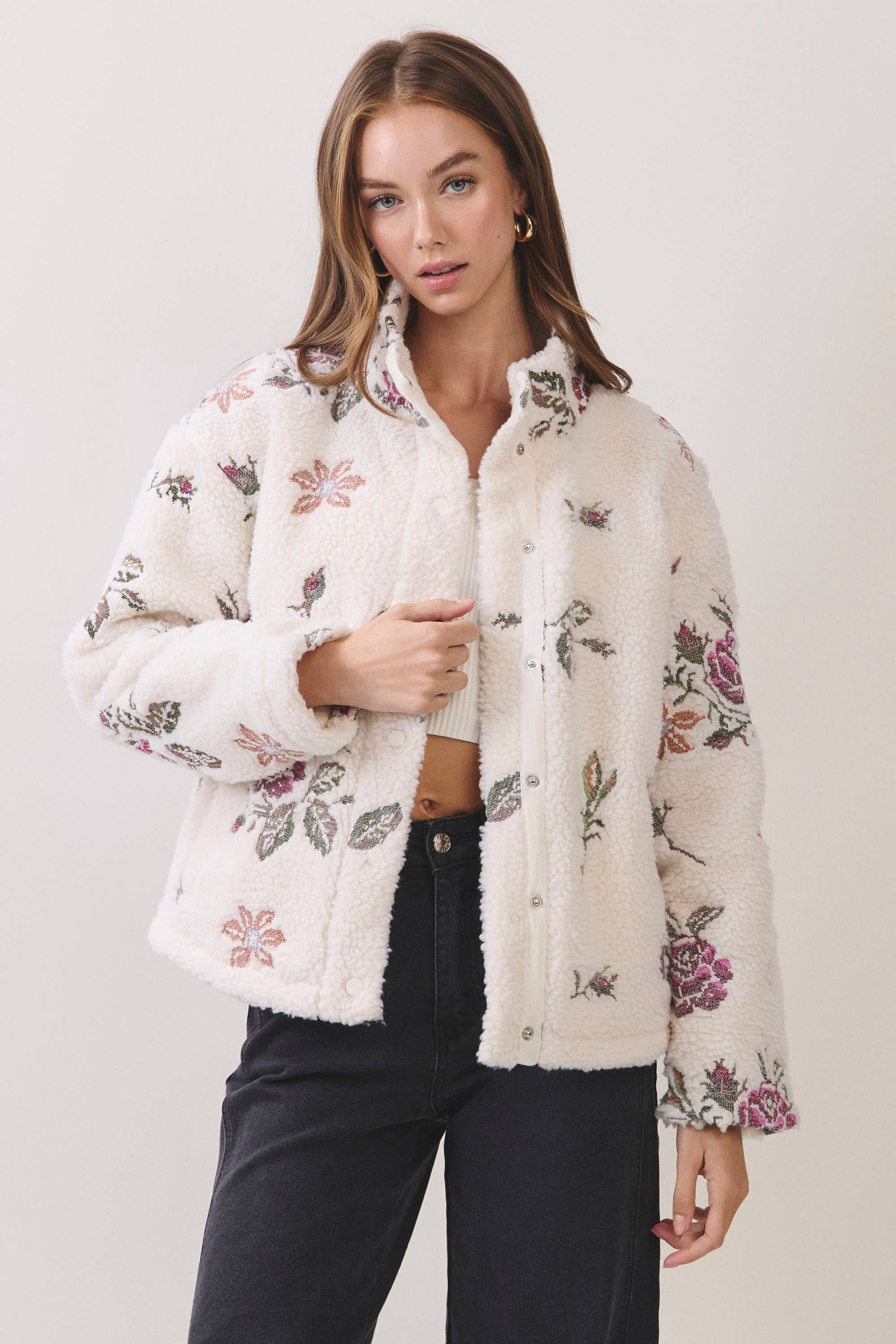 Cream Floral Embroidered Sherpa Jacket — plush sherpa texture and embroidered floral detailing throughout, front and back