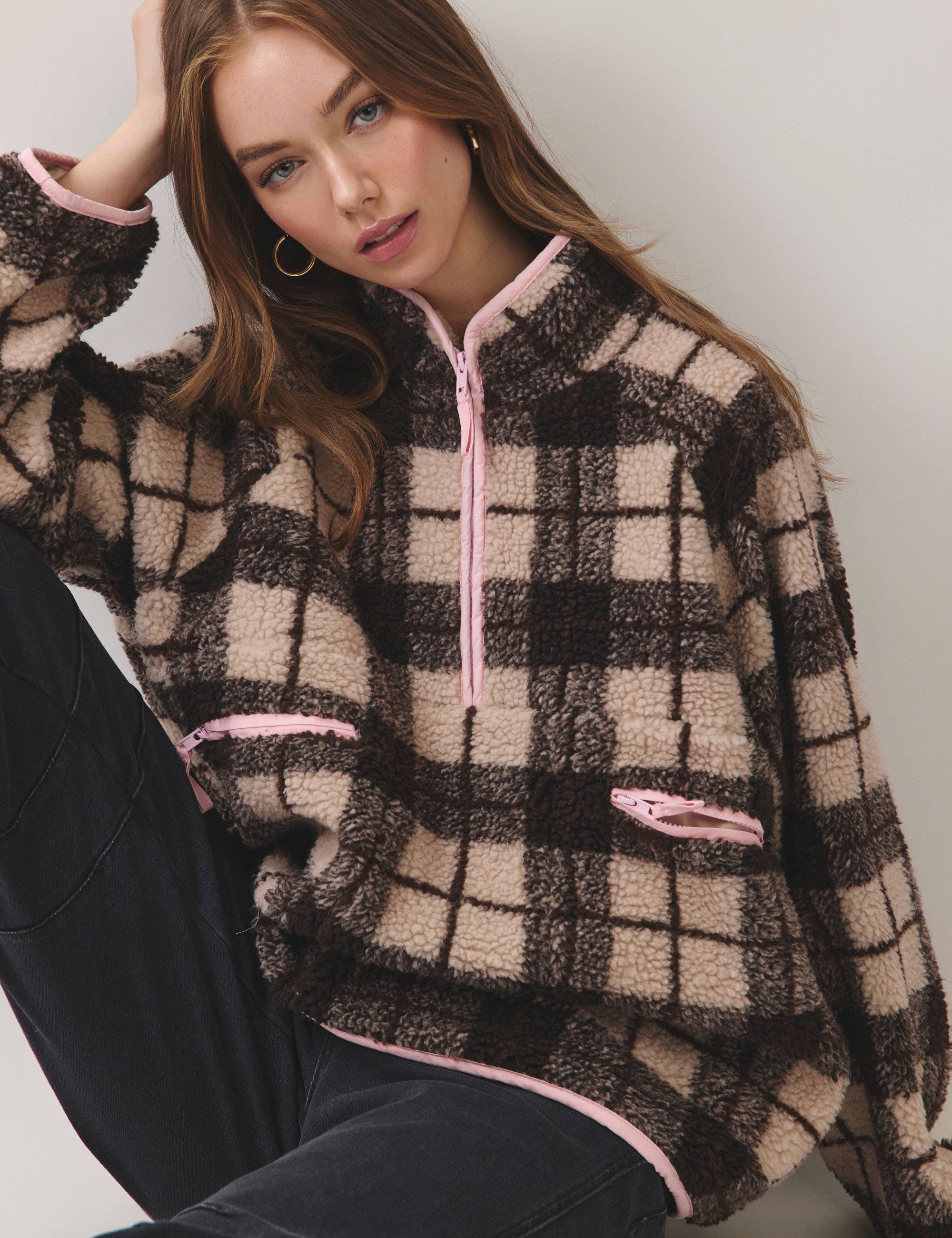 Brown & Pink Plaid Sherpa Half-Zip Jacket — plaid and sherpa