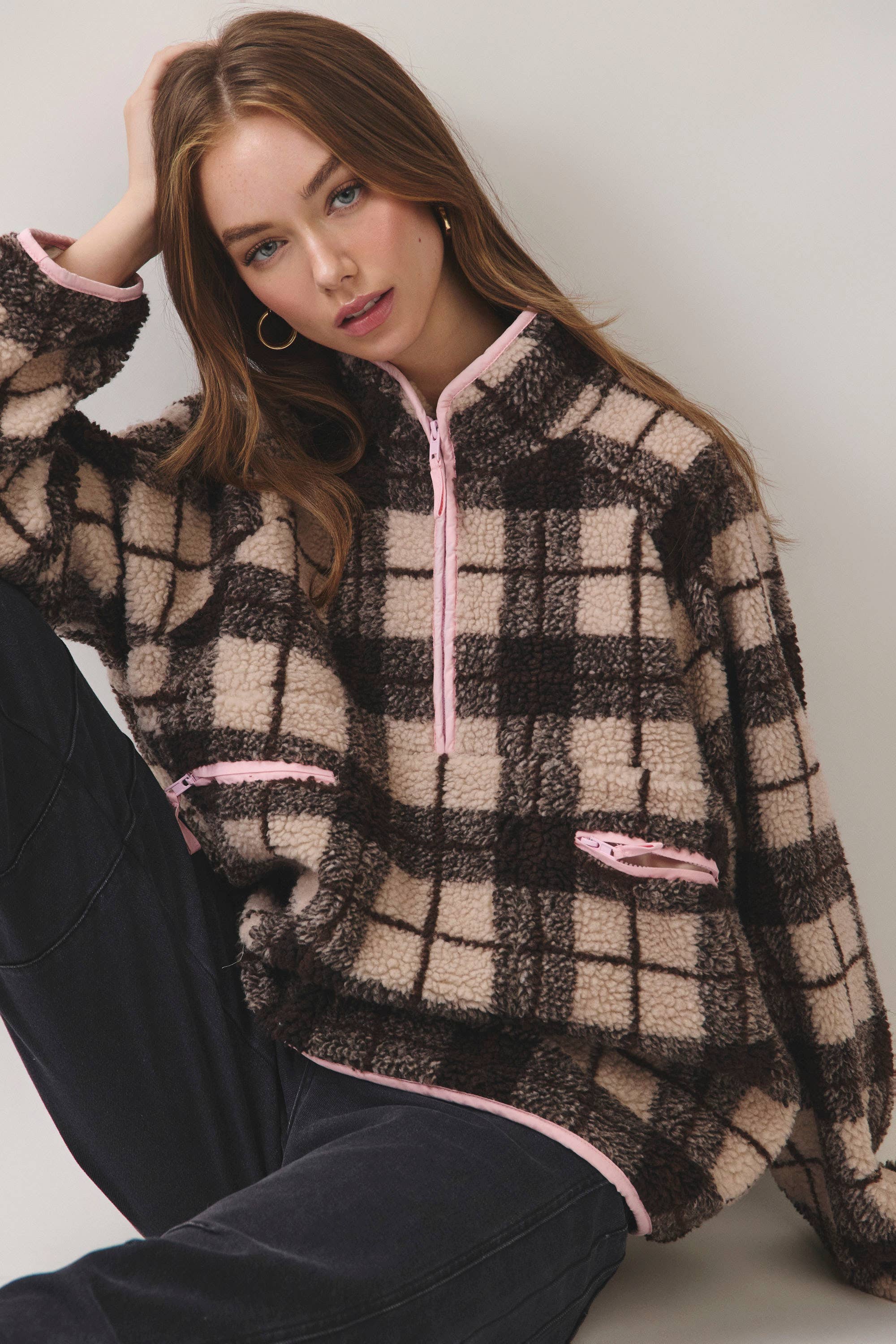 Brown & Pink Plaid Sherpa Half-Zip Jacket — plaid and sherpa