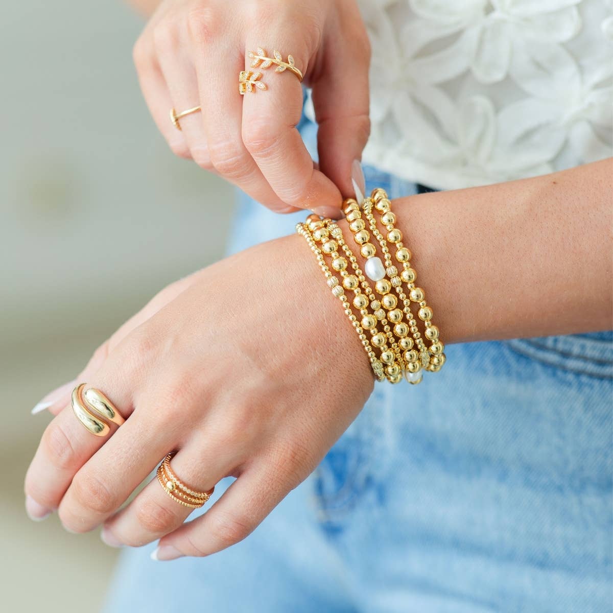 6mm Stretch Bead Bracelets with Large Pearl Accents