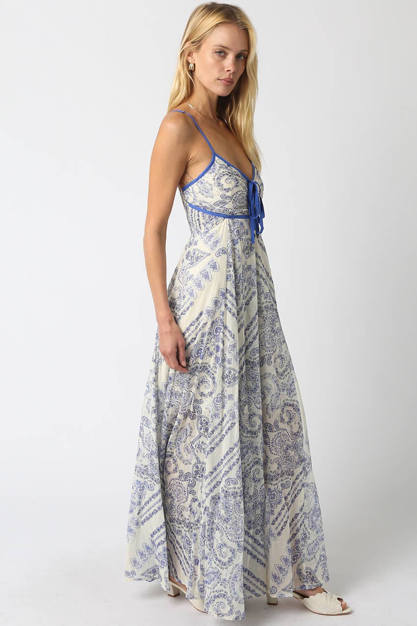Blue Trim Printed Maxi Dress