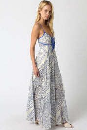 Blue Trim Printed Maxi Dress