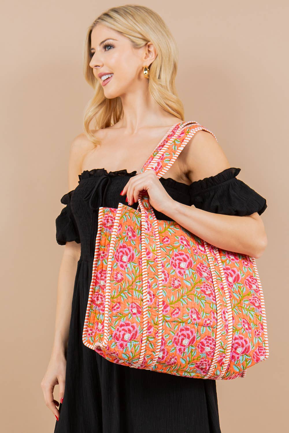 Orange Floral Quilted Tote Bag
