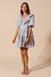 Off White & Navy Printed Ruffle V-Neckline Dress