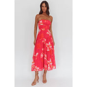 Hot Pink Strapless Floral Midi dress