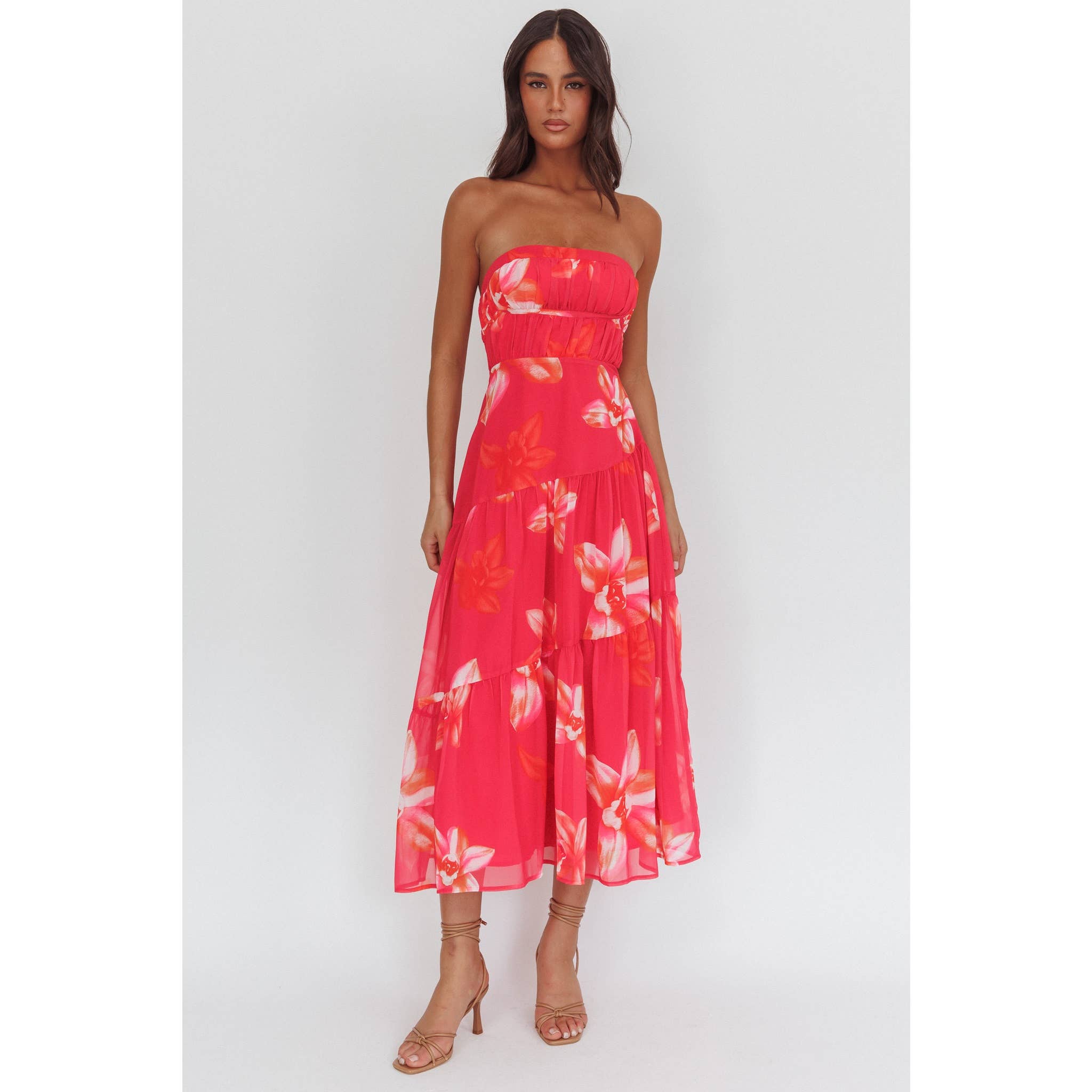 Hot Pink Strapless Floral Midi dress