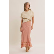 Coral Satin Lace Maxi Skirt