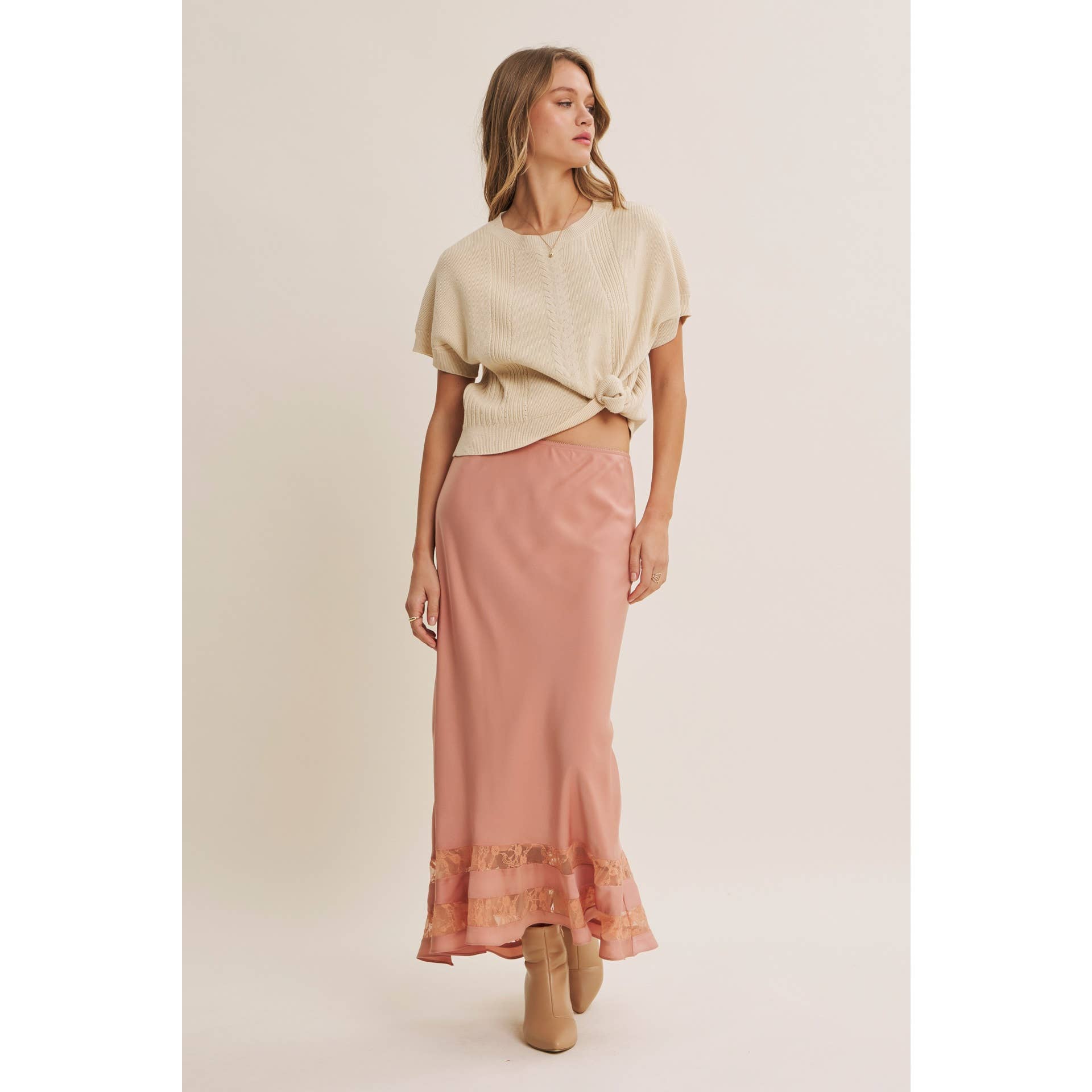 Coral Satin Lace Maxi Skirt