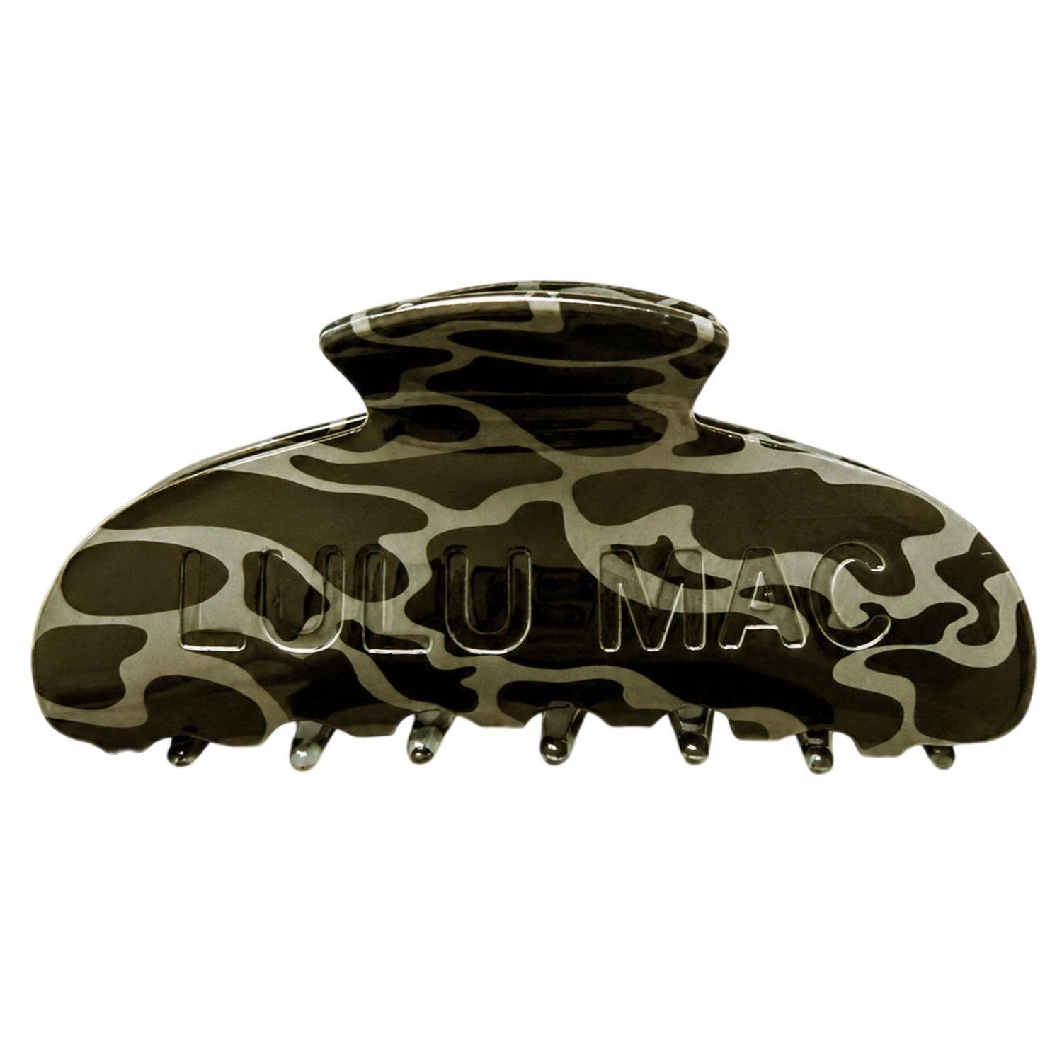 Black Camo Hair Clip Lulu Mac — color: black and gray camo print and wide dome-shaped claw clip with interlocking teeth
