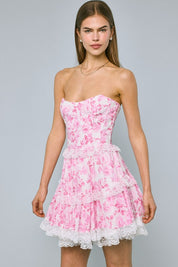 Pink Floral Corset Lace Mini Dress