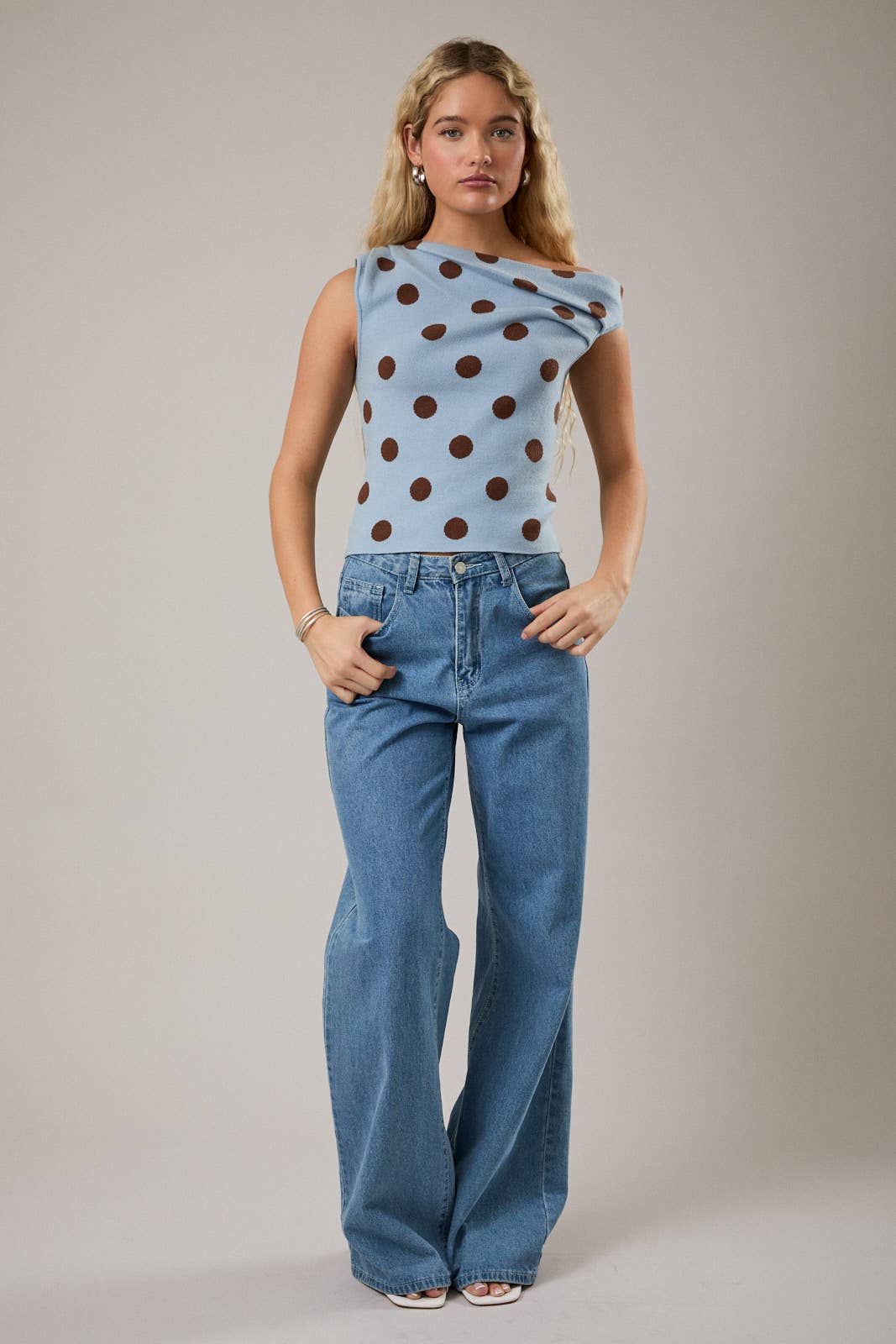 Blue & Brown Polka Dot Asymmetrical Top