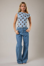 Blue & Brown Polka Dot Asymmetrical Top