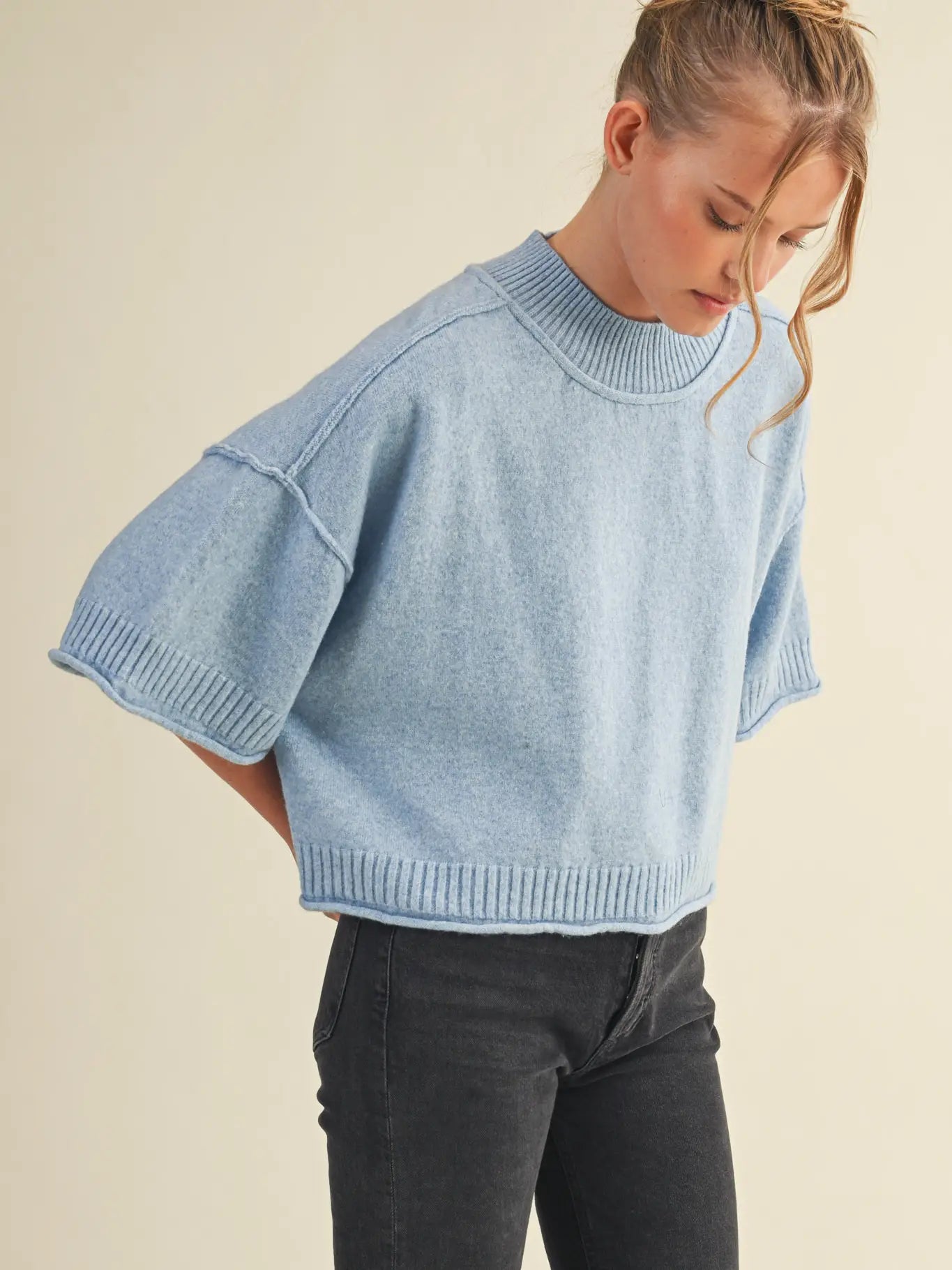 Blue Mock Neck Short Sleeve Sweater