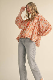 Cream & Orange Print Collared Top