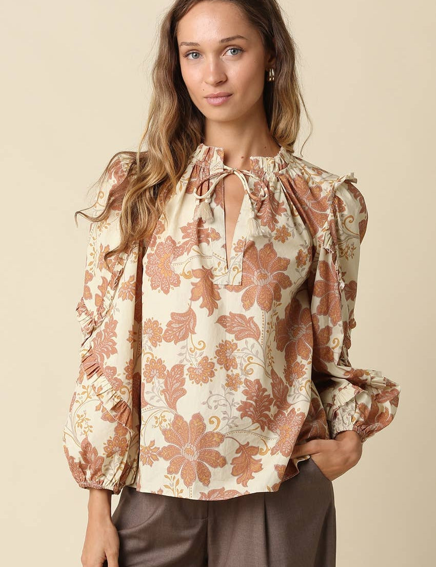 Beige Floral Print Ruffle Blouse — split neckline and ruffle shoulder
