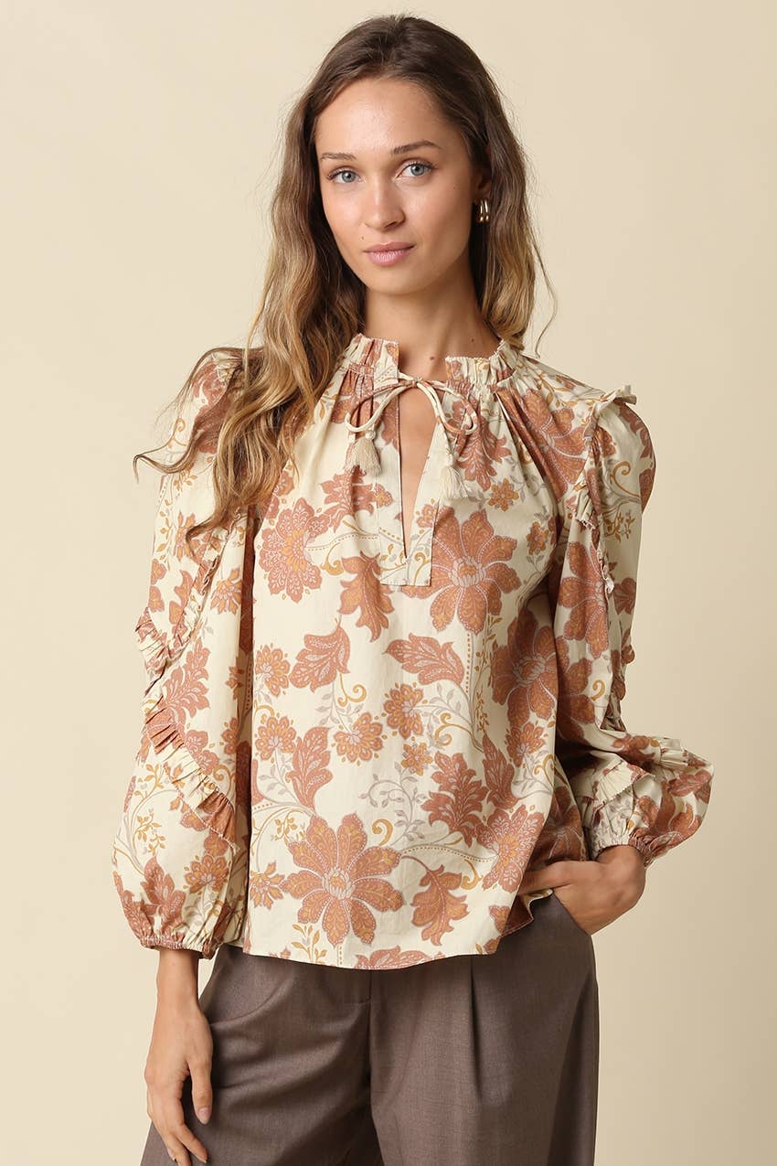 Beige Floral Print Ruffle Blouse — split neckline and ruffle shoulder