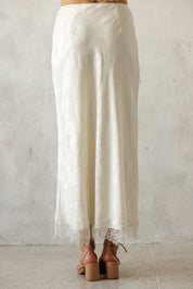 Ivory Satin Lace Trim Midi Skirt