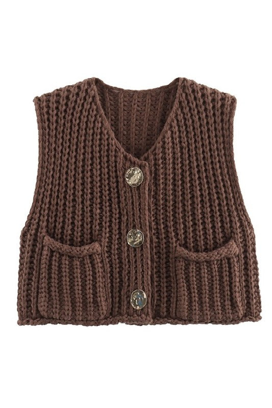 Brown Solid Round Neck Sweater Vest