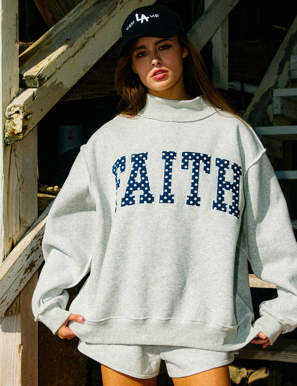 Gray Polka Dot Faith Mockneck