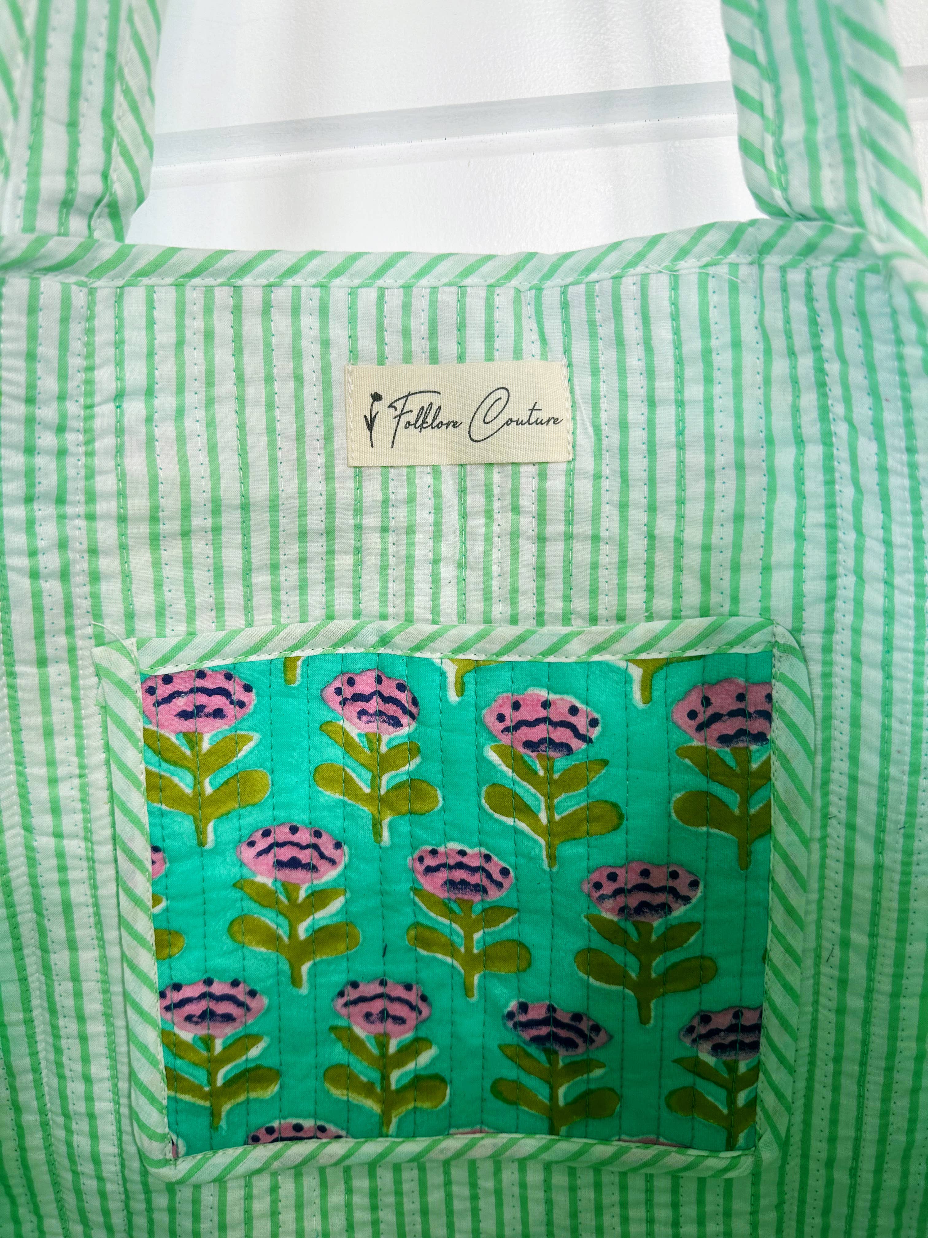 Aqua Floral Large Quilted Tote Bag