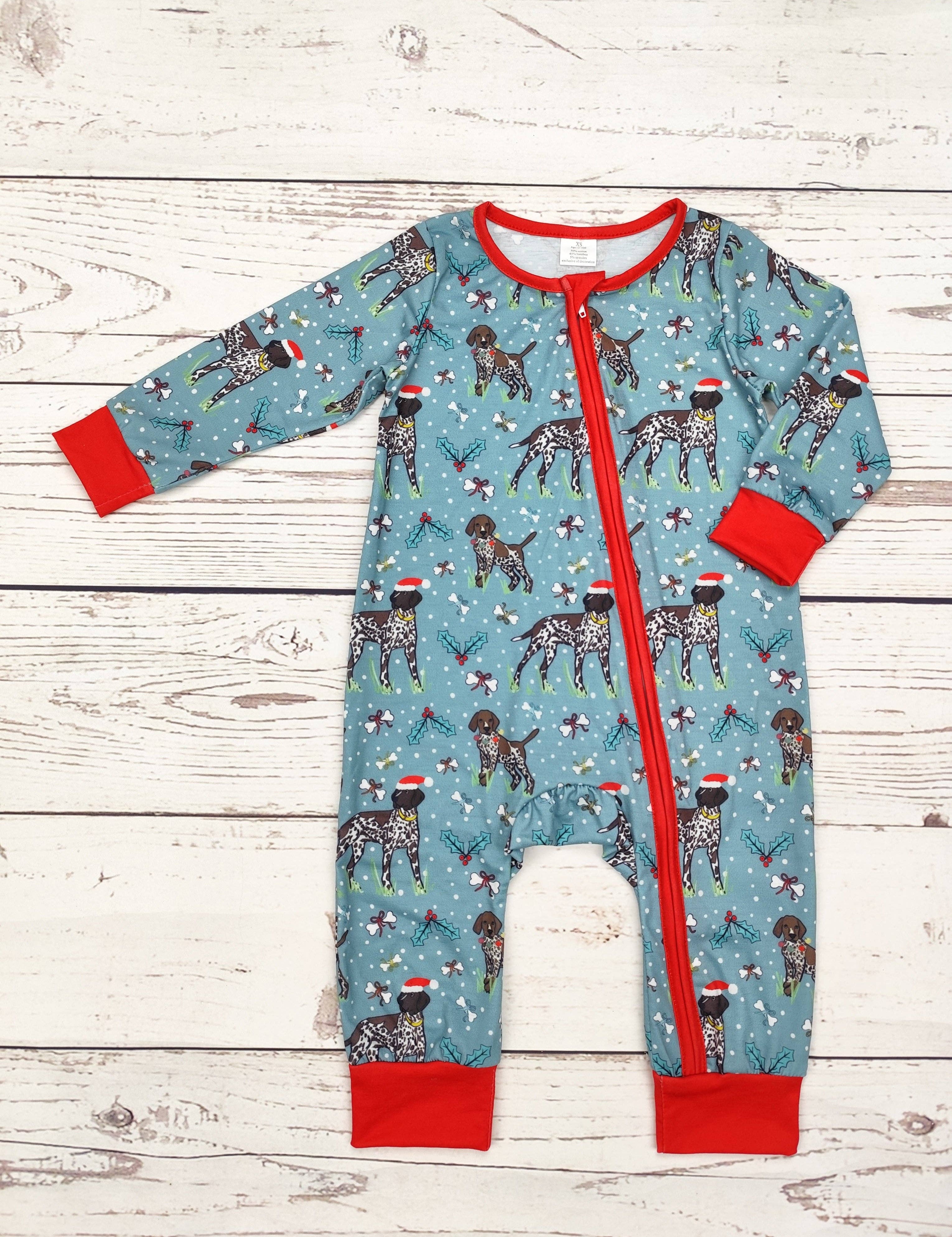 Boy Christmas Dog Print Sleeper — color: teal with a Christmas dog print and red trim and round neckline with red binding
