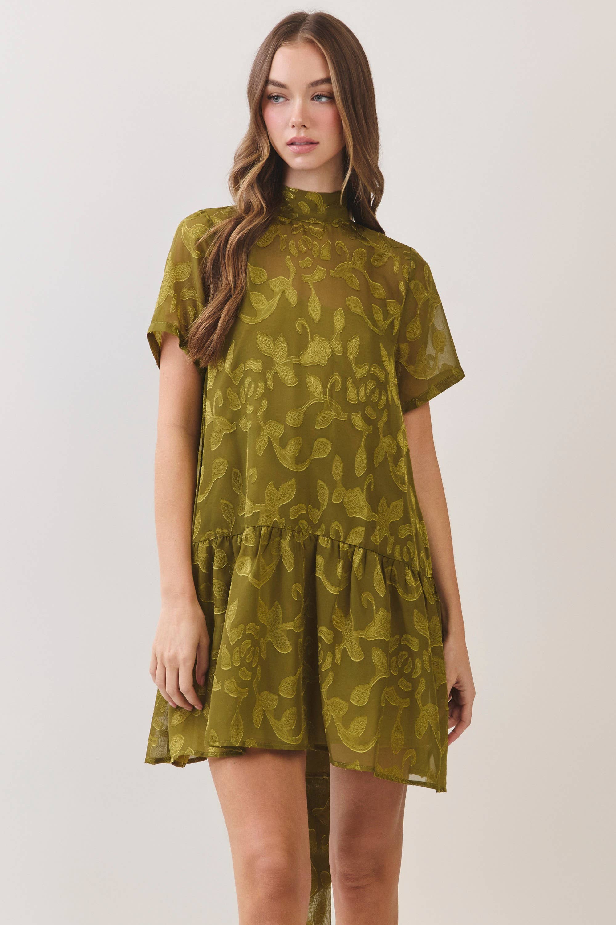 Green Floral Jacquard Tie-Neck Mini Dress