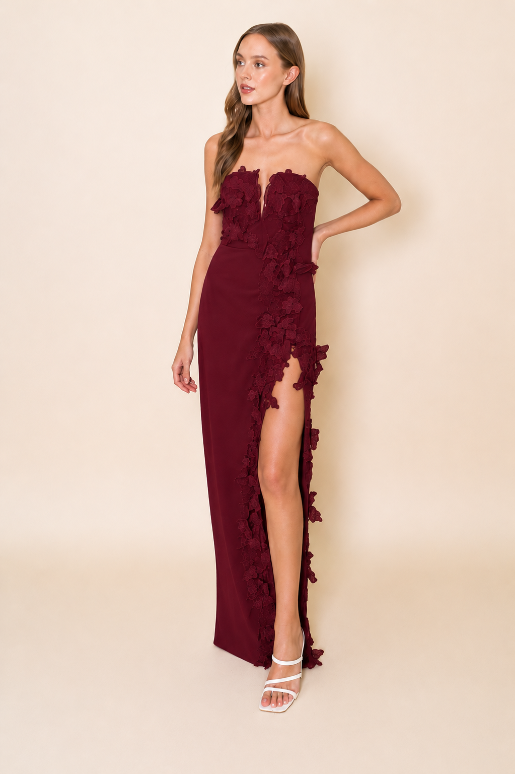 Maroon Floral Applique Strapless Maxi Dress