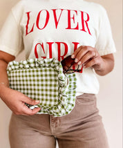 Green Gingham Frilly Makeup Bag — measurements: approximately 10 x 5 x 2 inches and gold zipper