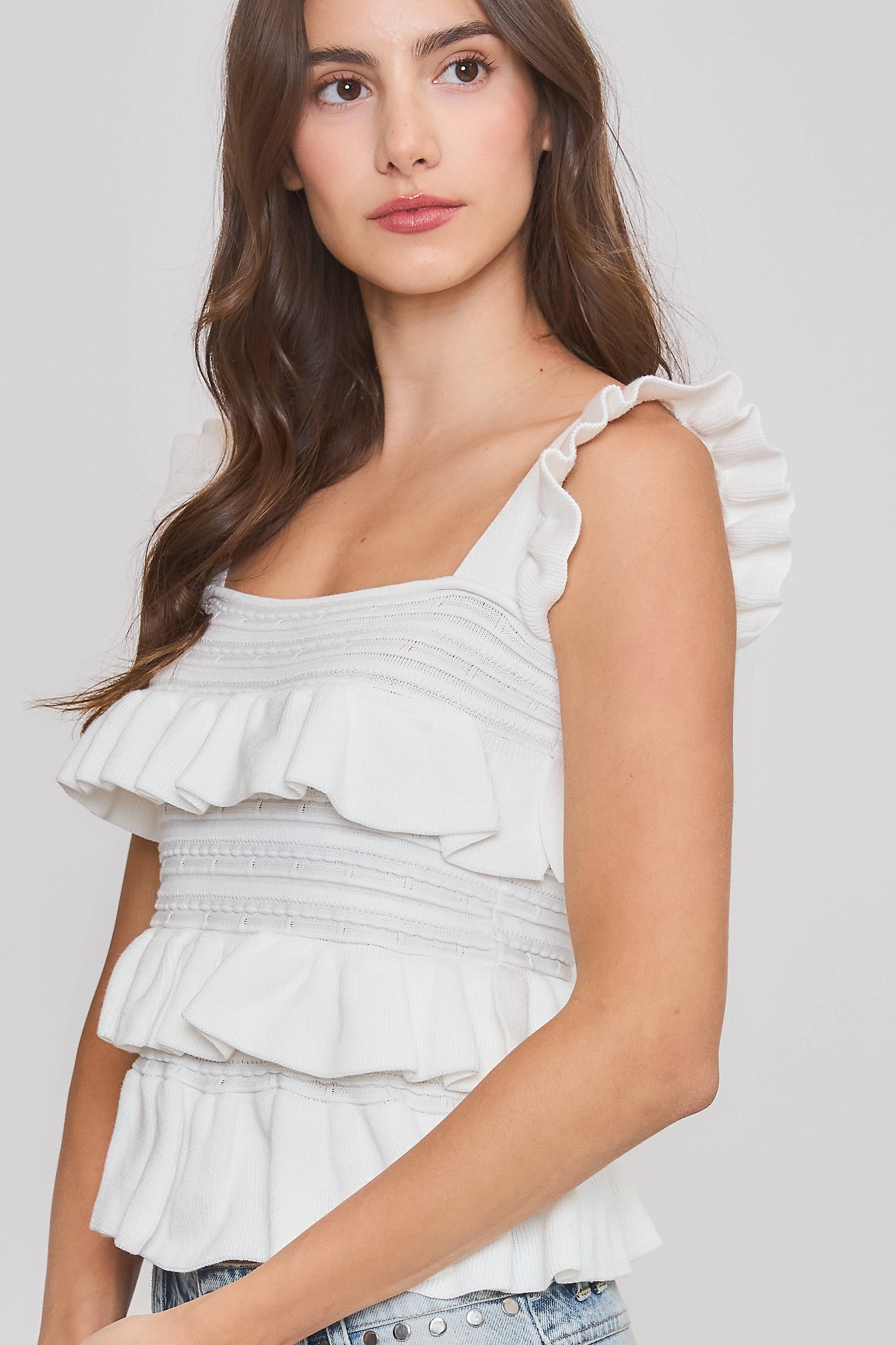 White Ruffled Knit Sleeveless Top