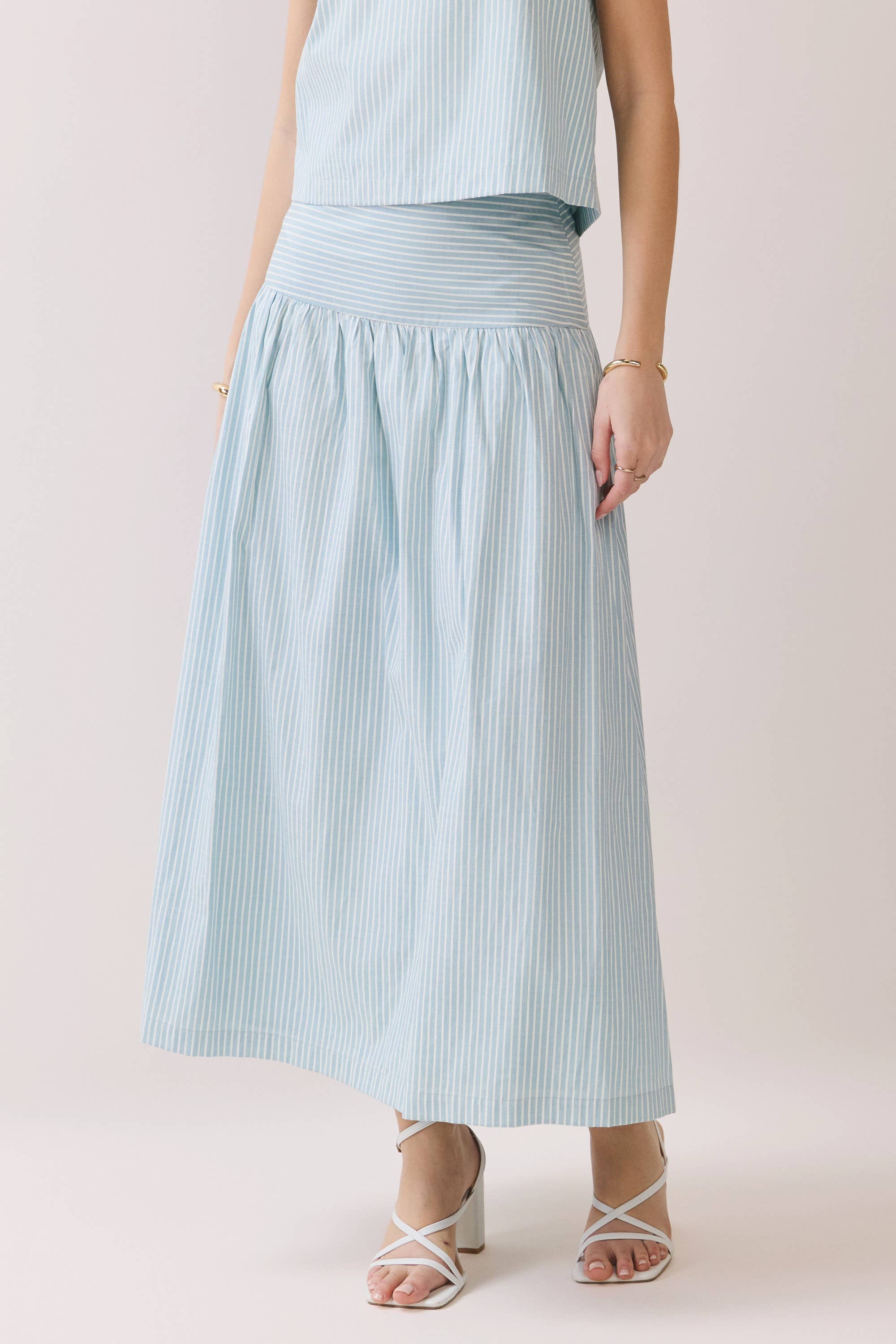 Blue Striped Drop Waist Midi Skirt