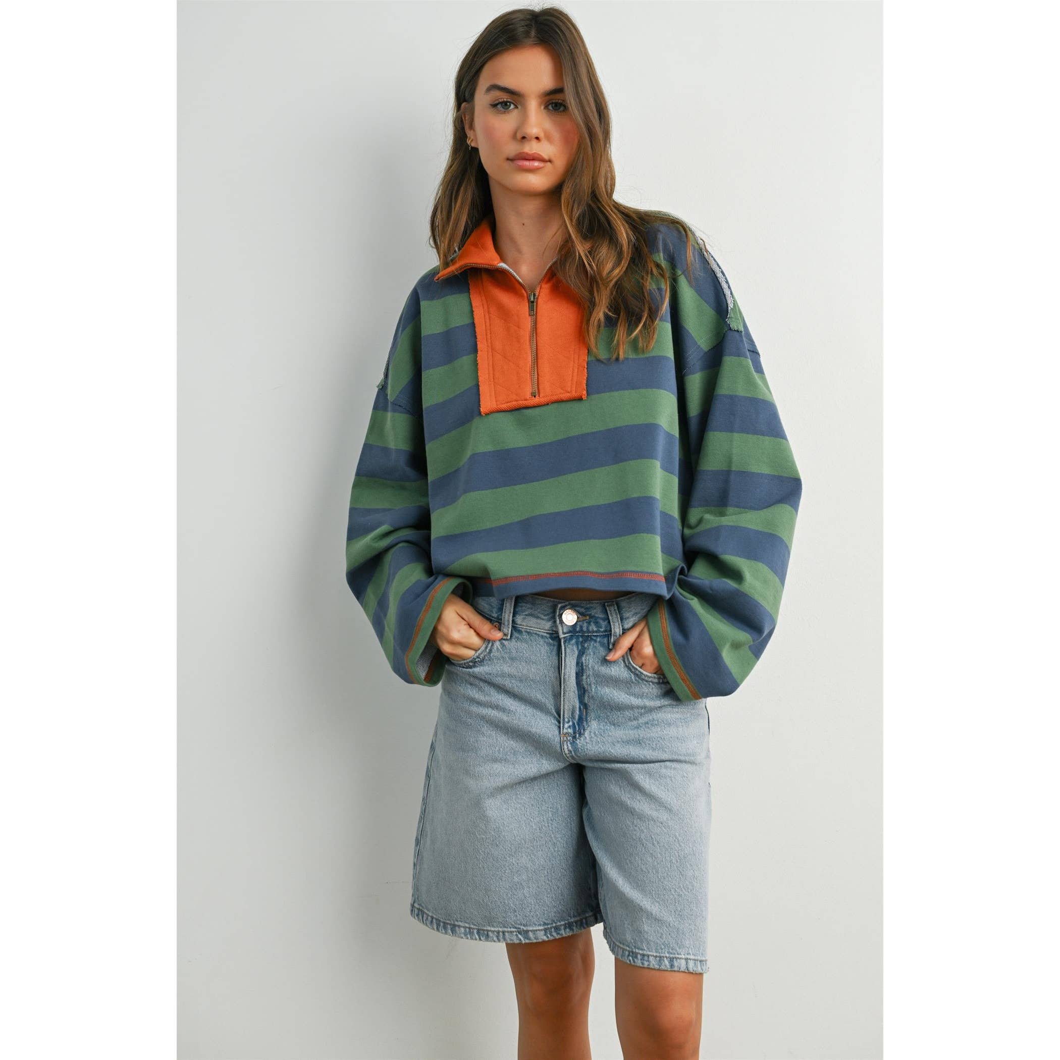 Green Striped Quarter-Zip Contrast Collar Sweatshirt
