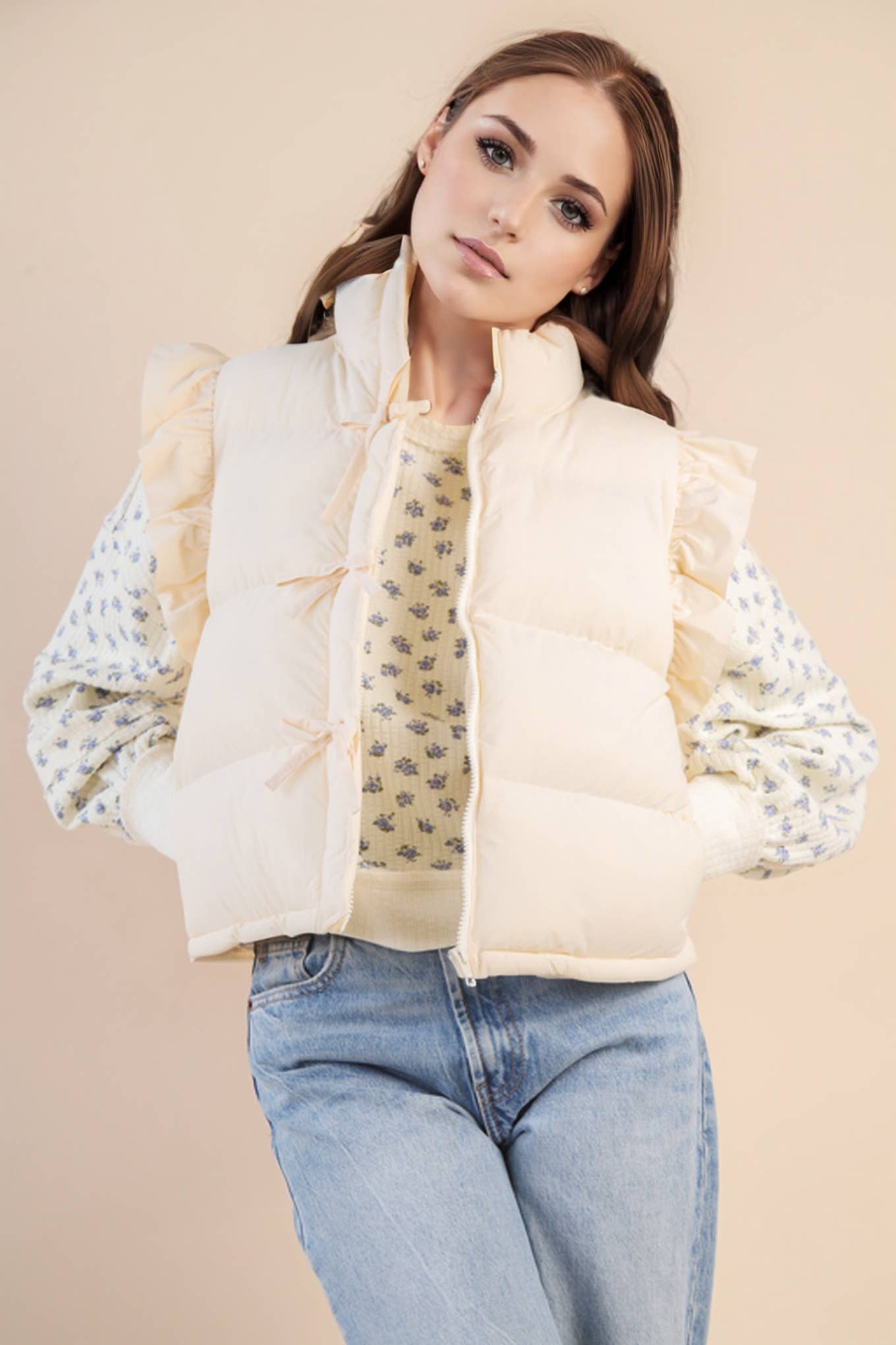 Cream Front Bow Puffer Vest