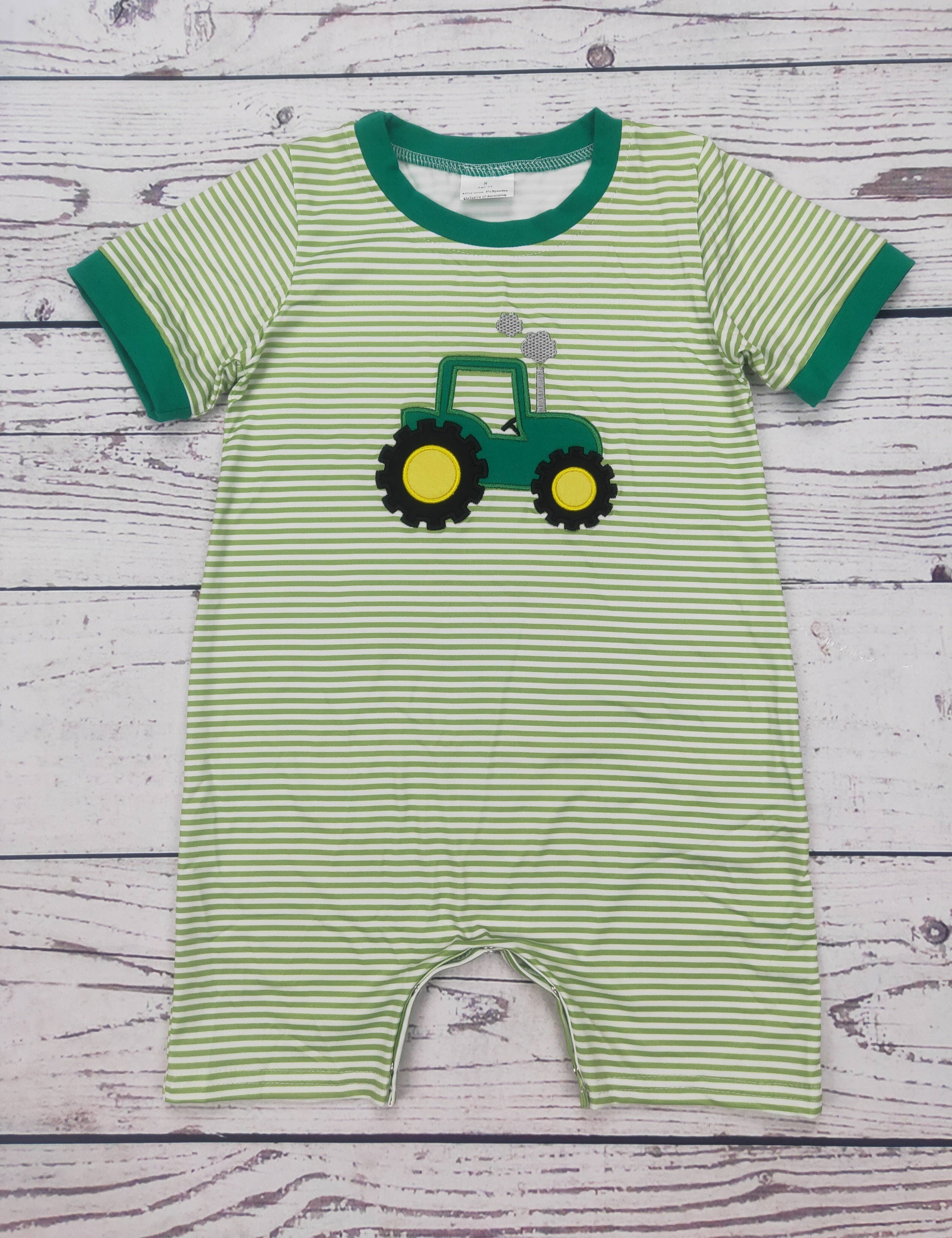 Baby Boy Appliqué Farm Romper — color: green and white stripe with solid green trim and round neckline