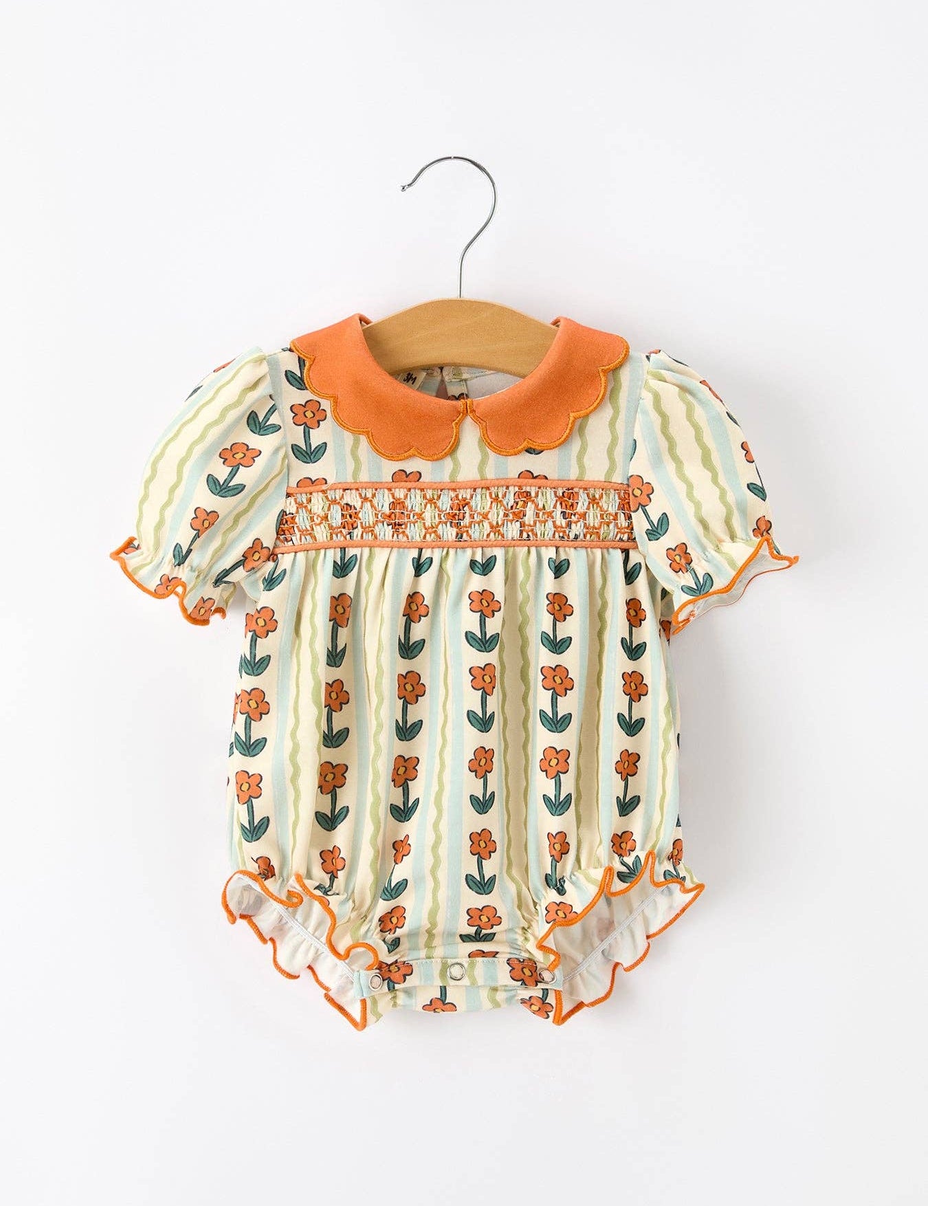 Fall Floral Stripe Baby Romper — floral stripe print and puff sleeves