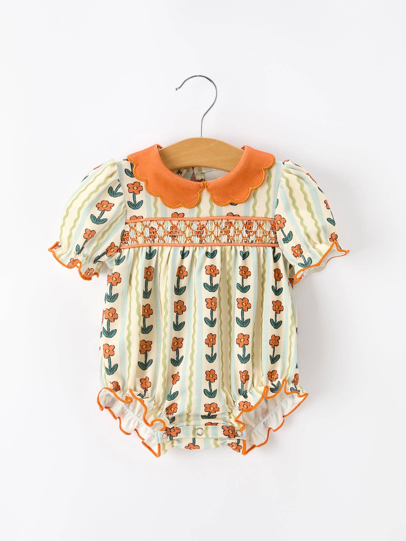 Fall Floral Stripe Baby Romper — floral stripe print and puff sleeves