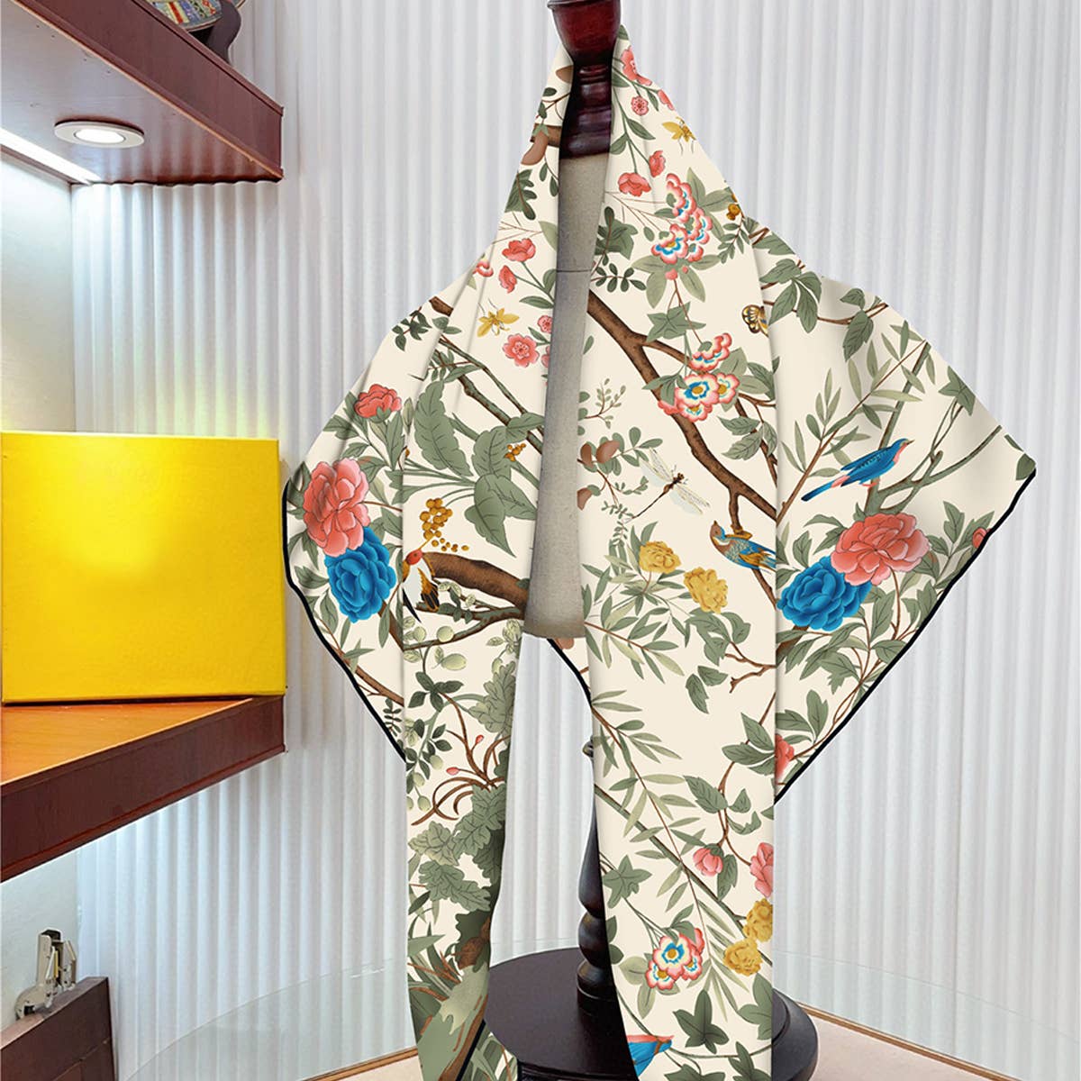 White Jungle Birds Twill Silk Sun Scarf showing color: white