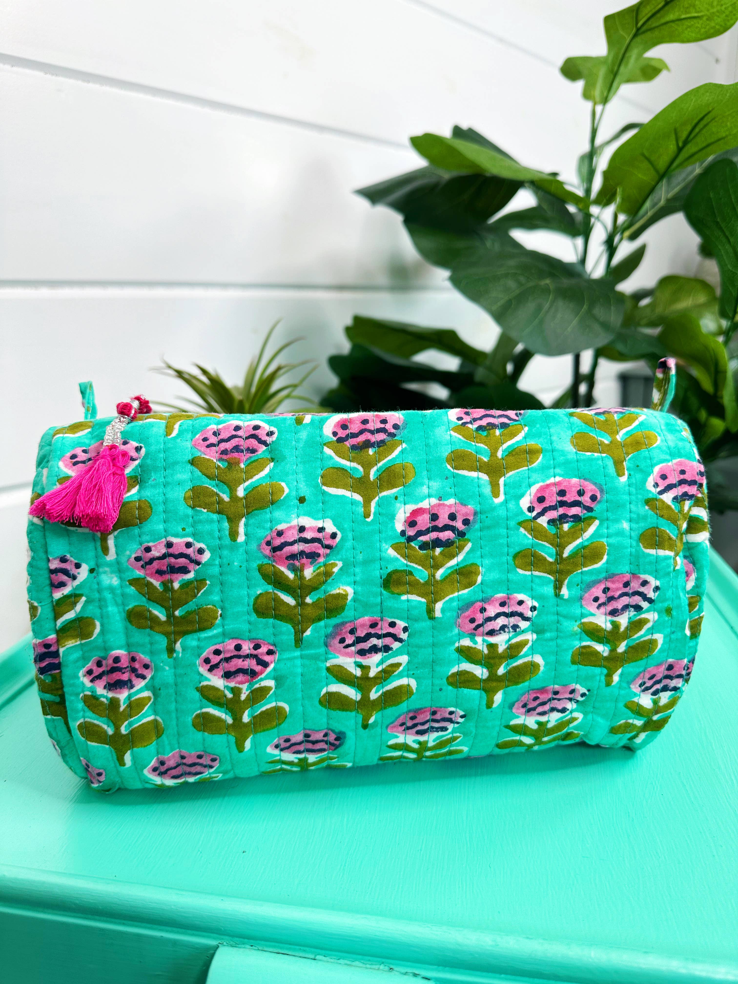 Aqua Floral Quilted Travel Bag