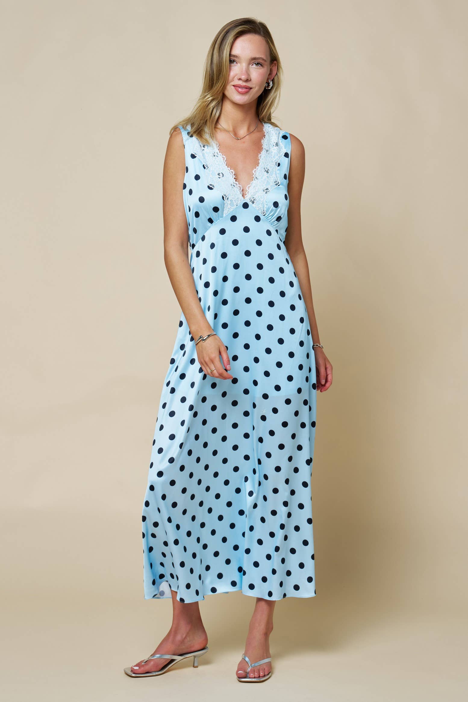 Light Blue Satin Polka Dot Maxi Dress