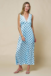 Light Blue Satin Polka Dot Maxi Dress